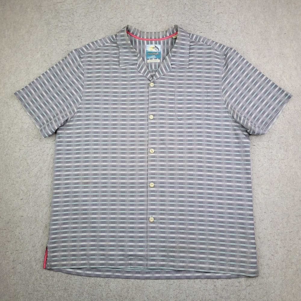 Tommy Bahama Hawaiian Silk Blend Shirt Mens XL Gray Plaid Short Sleeve Button Up